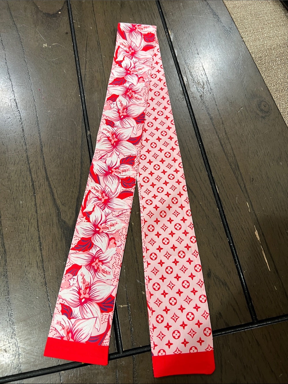 Luxury Pink Floral Twilly Scarf - Designer Monogram Pattern